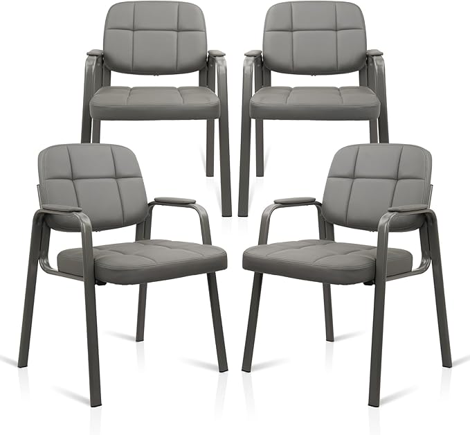 CLATINA Waiting Room Guest Chair with Bonded Leather Padded Arm Rest for Office Reception and Conference Desk(Grey 4 Pack)-DeskLoop Office