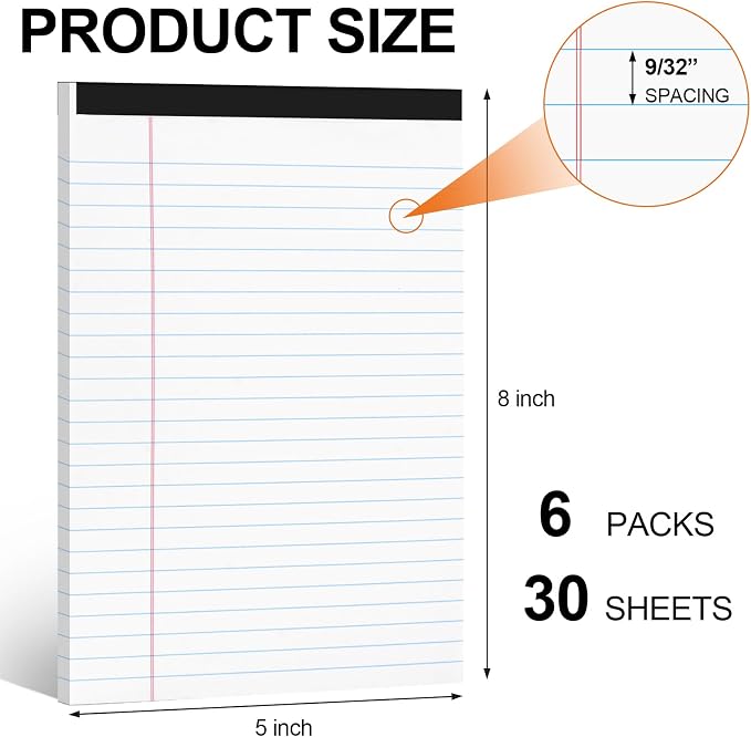 Utron 6 PCS Small Legal Pads 5x8 White, Narrow Ruled Small Note Pads 5x8 - Image 2