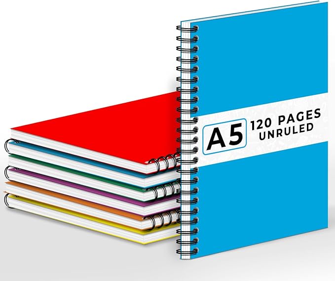 Blank Spiral Notebook, 6 Pack, 5.8 x 8.3, 120 Pages (60 Sheets), 100 GSM Unlined Drawing Notebooks, Assorted A5 Journals, No-Bleed, Sketching, Note Taking, Blank Journals for Office & School-DeskLoop Office