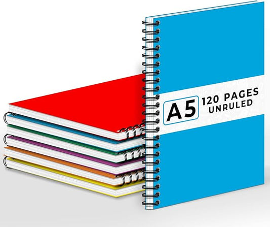 Blank Spiral Notebook, 6 Pack, 5.8 x 8.3, 120 Pages (60 Sheets), 100 GSM Unlined Drawing Notebooks, Assorted A5 Journals, No-Bleed, Sketching, Note Taking, Blank Journals for Office & School-DeskLoop Office