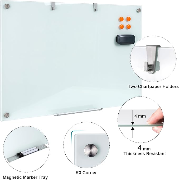 Glass Dry Erase Board, 36 x 24 Inches Magnetic Glass Whiteboard for Wall, 3' x 2' Frameless Board for Office, Home, School-DeskLoop Office