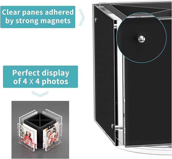 HIIMIEI Acrylic Rotating Pen Holder for Desk, Pencil Holder Picture Frame Holds 4 Family Photos of 4"x4", Desk Pen holder Organizer for Office, Classroom, Home, Kids (Black)-DeskLoop Office