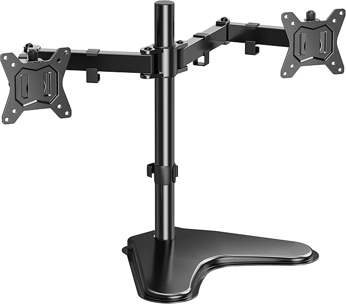 HUANUO 32 inches Dual Monitor Stand up to 17.6lbs per Arm, High-Grade Aluminum Free-Standing Dual Monitors Mount for 2 Screens. Fully Adjustable Dual Monitor Stand for Desk with Tilt, Swivel, Rotation-DeskLoop Office