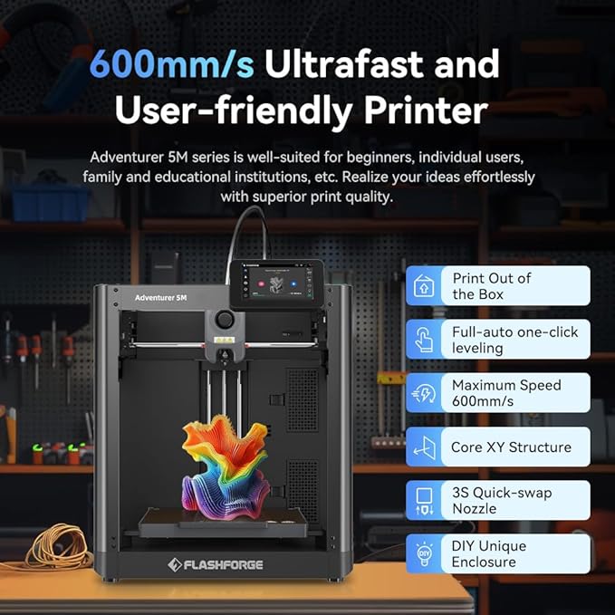 FLASHFORGE Adventurer 5M 3D Printer with Fully Auto Leveling System, Max 600mm/s High-Speed, 280℃ Quick-Detach Nozzle, CoreXY Structure for Superior Print Quality, Rookies & Experts Smart Choice-DeskLoop Office