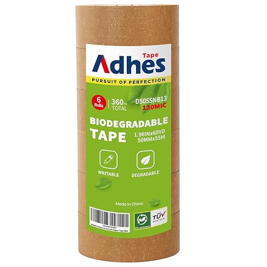 ADHES Kraft Paper Tape, 2 Inch x 60 Yards x 6 Rolls, Biodegradable Paper Packing Tape Writable & Uncoated Brown Shipping Tape for Shipping, Moving, Sealing-DeskLoop Office