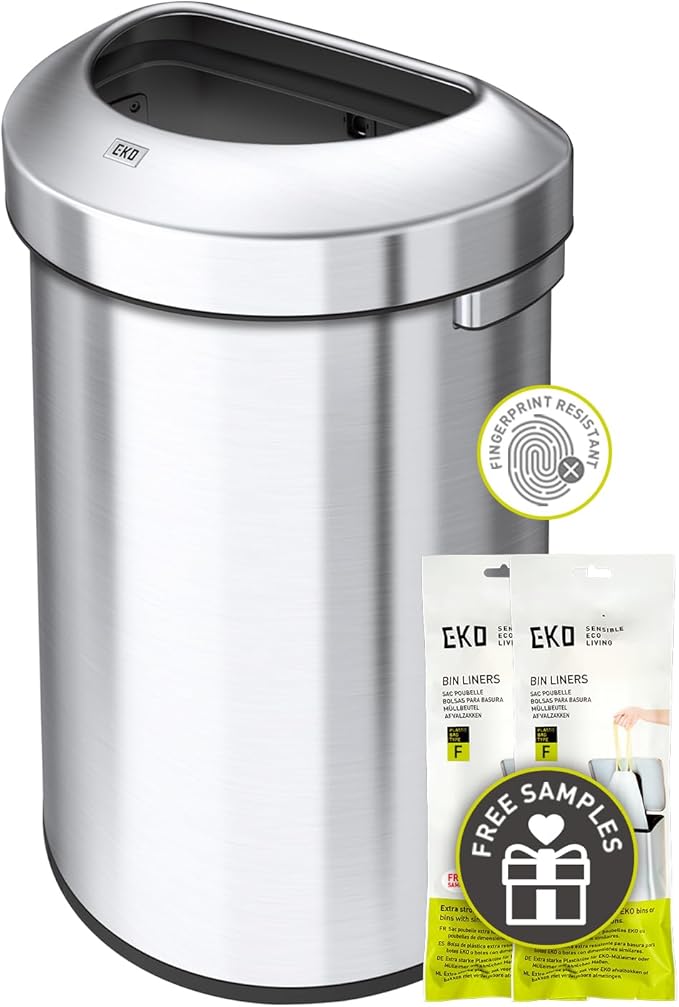 EKO Urban 16 Gallon Semi-Round Open Top Waste Bin, Stainless Steel Half Round Commercial Trash Can for Indoor and Outdoor, Extra Large Metal Garbage Bin for Home, Office, Restaurant, Restroom, 60L-DeskLoop Office