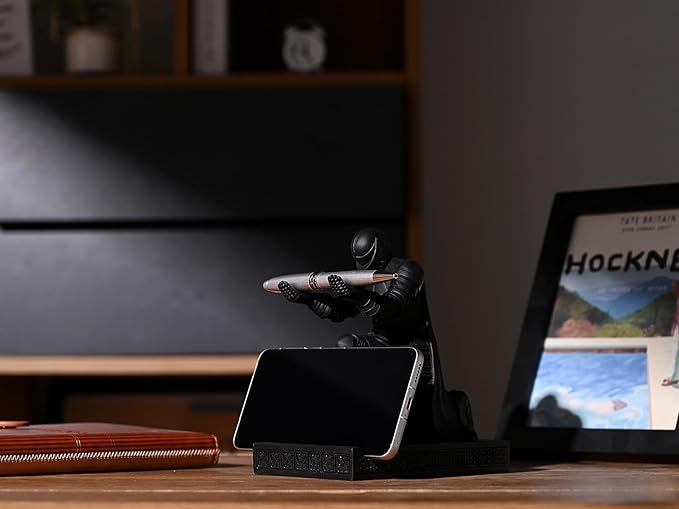 Windbreaker Soldier Knight Pen Holder Personalized Desk Accessory, Mobile Phone & Gaming Controller Holder, Device Stand Gift for Medieval Enthusiasts (Black)-DeskLoop Office