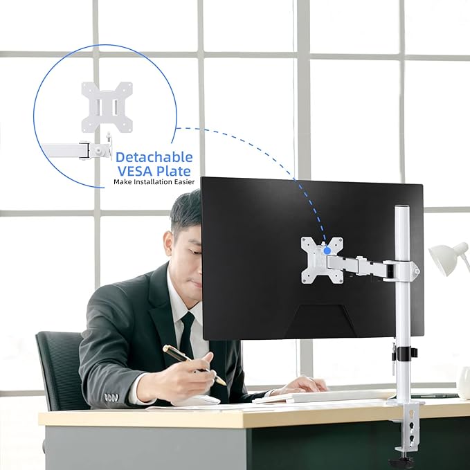 Suptek Single Monitor Arm Desk Mount Fully Adjustable Monitor Stand for 1 / One Screen up to 13" to 32" Extra Tall 15.75 inch Pole,VESA 75x75mm or 100x100mm,White (MD9421W)-DeskLoop Office