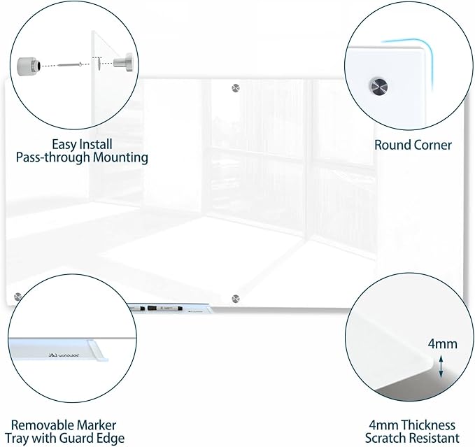 J&J worldwide Magnetic Glass Whiteboard Brilliance White Dry Erase Board 6' x 3', Large Frameless Glass White Boards for Walls, Includes Magnets, Marker Tray, Eraser for Office, Home, School-DeskLoop Office