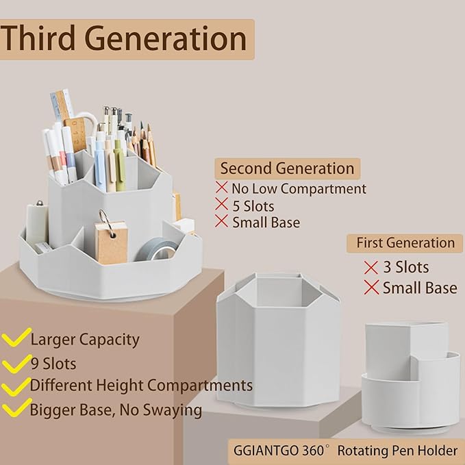 Pencil Pen Holder for Desk, 9 Slots 360 Degree Rotating Desk Organizer, Desktop Storage Pen Organizers Stationery Supplies, Cute Pencil Cup Pot for Office School Home & Art Supplies (Grey)-DeskLoop Office