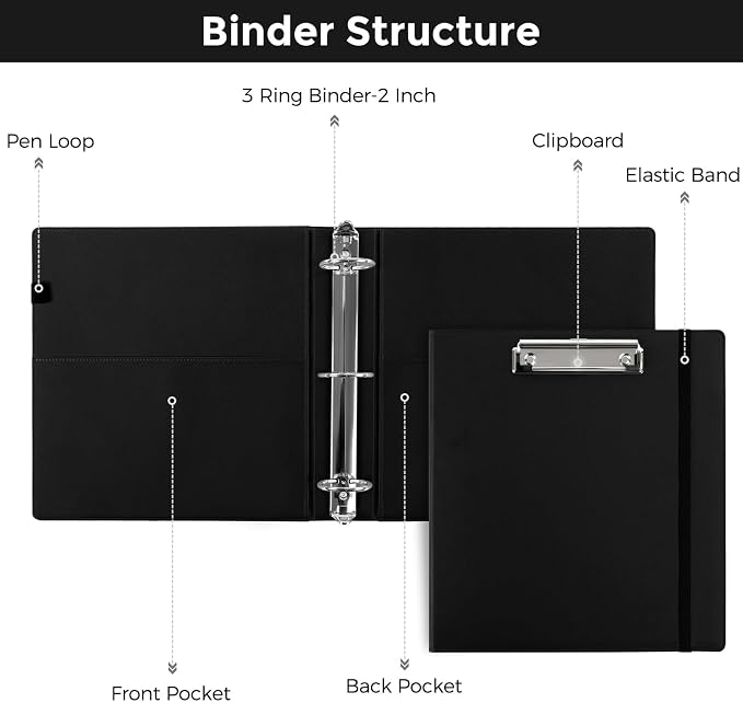 SKYDUE 3 Ring Binder with Clipboard, 2 Inch PU Heavy Duty Binder with Notepad & - Image 7