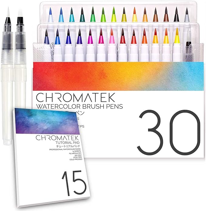 CHROMATEK 30 Watercolor Brush Pens - 15 Page Tutorial Pad and Online Video Series - Real Brush Tip, Vivid, Blendable - Professional Artist Quality - 27 Colors - 3 Aquapens-DeskLoop Office