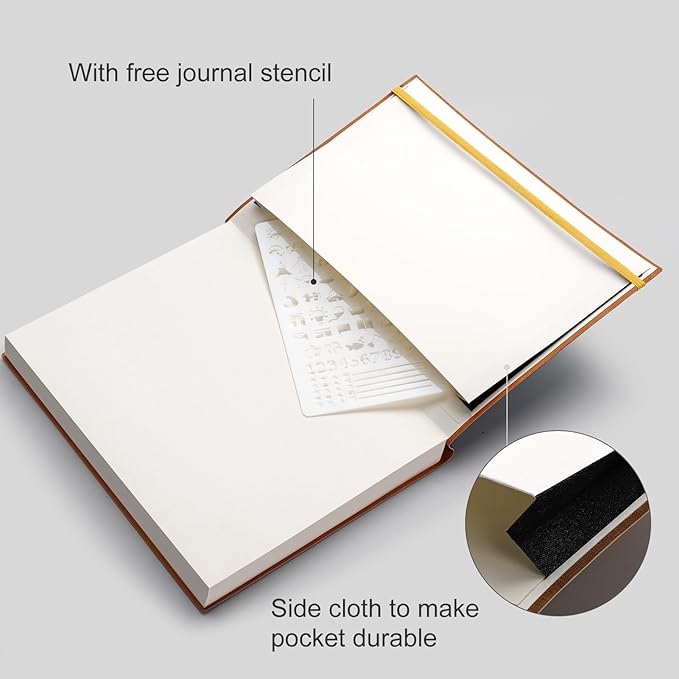 AHGXG Bullet Dotted Journal - 320 Pages Dot Grid Notebook B5 Large Journal, 7.6'' X 10'', 100gsm Thick Dotted Paper, Leather Softcover, with Journal Stencils, Inner Pocket - Yellow-DeskLoop Office