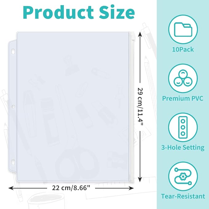 Binditek 10 Pack Plastic Zippered Binder Pockets, 3-Hole Punched - Image 2