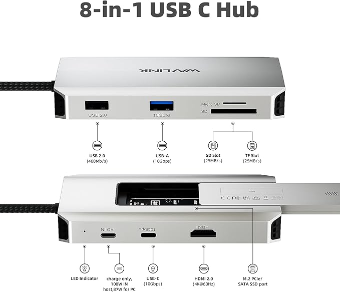 WAVLINK USB-C Hub, 10Gbps USB-C Hub with M.2 PCIe/SATA SSD Port, HDMI, 100W PD, USB-A&C 3.2/2.0, SD&TF Compatible with MacBook/Chromebook/Dell/HP/Lenovo-DeskLoop Office