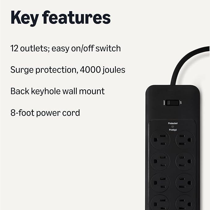 Amazon Basics Surge Protector Power Strip, 12-Outlet, 4000 Joules, 8ft Extension Cord, Rectangle, for Home, Office, Gaming Room, Black-DeskLoop Office