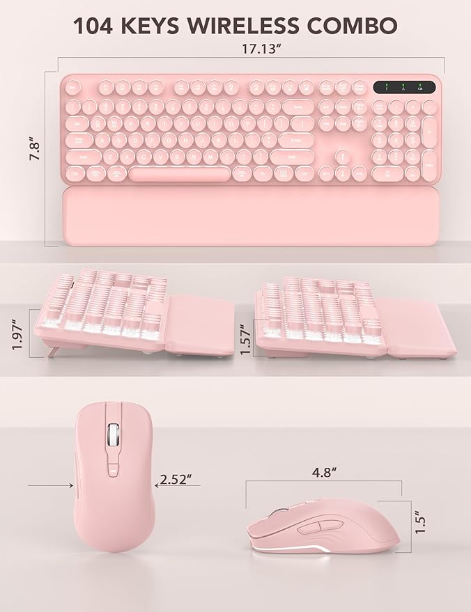 Wireless Keyboard and Mouse Backlit - Typewriter Keyboard with Retro Round Keycaps, Detachable Wrist Rest, Light Up Letters, 2.4G Rechargeable Combo for Mac, Windows, PC, Laptop, Trueque (Pink)-DeskLoop Office