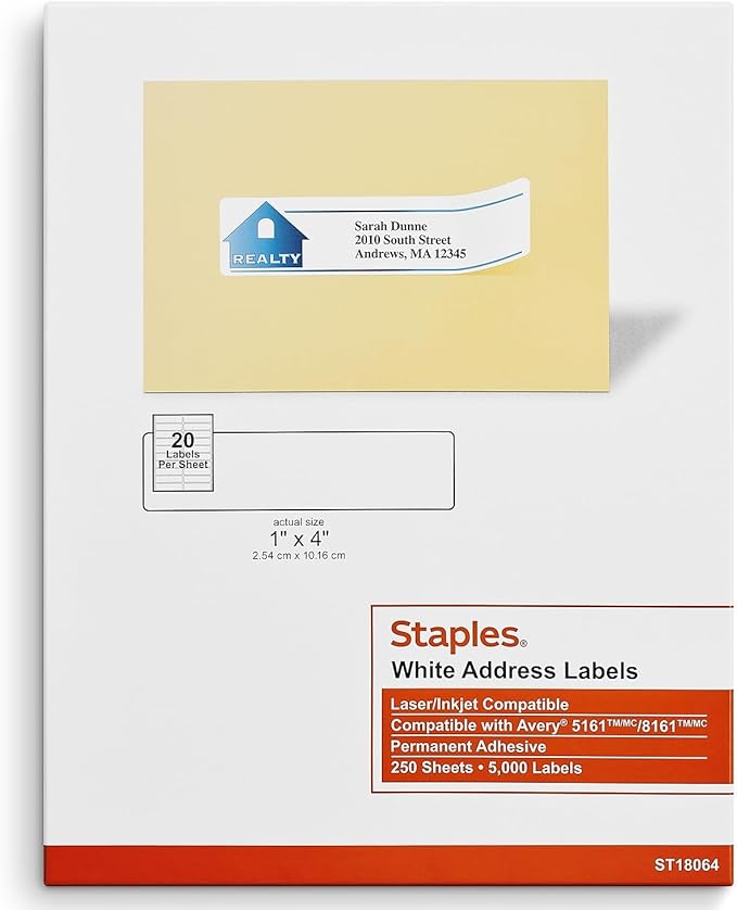 Staples® White Inkjet/Laser Address Labels 1" X 4", 5,000/Box-DeskLoop Office