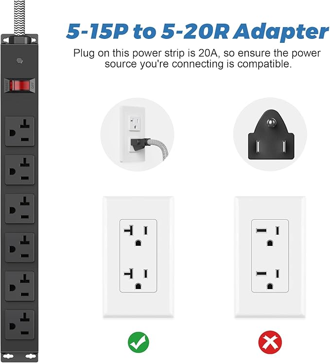 Heavy Duty Power Strip 20 amp Surge Protector,Wall mountable Power Strip,12 Gauge Extension Cord 5-15P Adapter High Amp 6-20R T-Slot Industrial Outlet,for Garage,Workshop & Industrial-DeskLoop Office