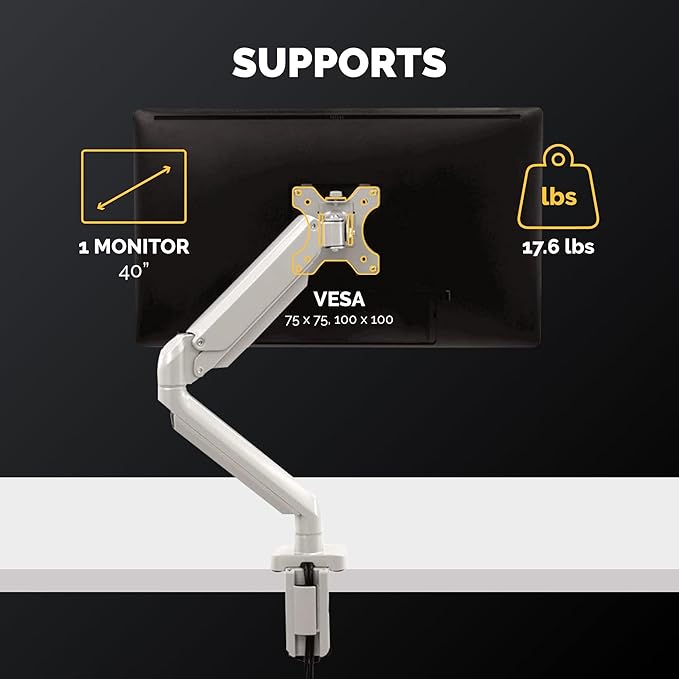 Fellowes Platinum Series Single Monitor Arm for 40-Inch Monitors, Full Motion, 360° Rotation, VESA Mount with Grommet or Clamp, USB Ports, Ergonomic, Silver, 8056401-DeskLoop Office