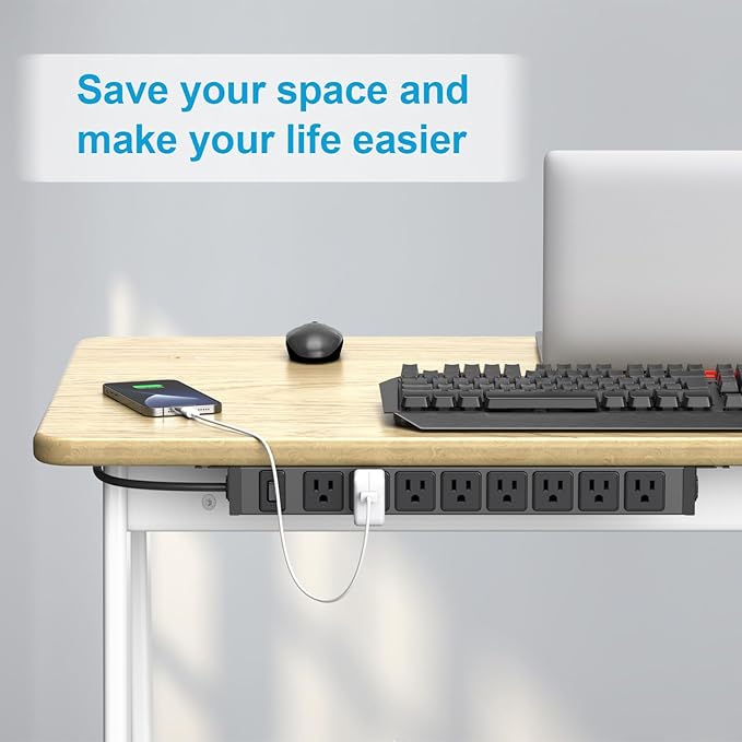 HHSOET Metal 360° Rotating Mountable Power Strip, 8 Outlet Gaming Table Mounted Outlet Strip, Heavy Duty Wall Mount Surge Protector with Switch, 15A 125V 1875W, 15ft Power Cord.(Black)-DeskLoop Office