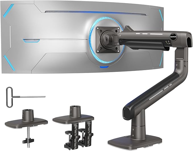 HUANUO Heavy Duty Monitor Arm for Ultrawide Screens up to 49", Holds 40 lbs,Aluminum Ultrawide Screen Desk Mount,Fully Adjustable Single Monitor Mount with C-clamp, Grommet Base, Max VESA 100x100-DeskLoop Office