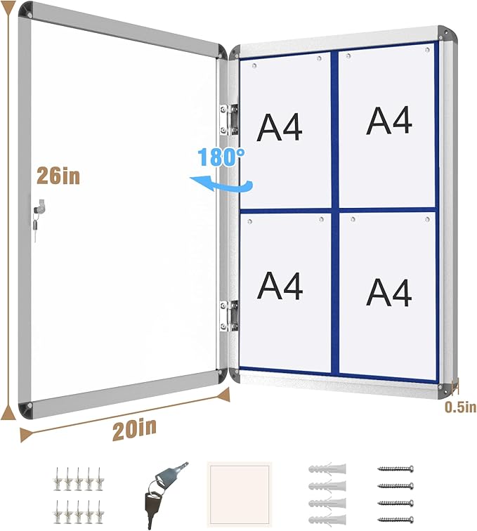26"x20" Enclosed Bulletin Board, Lockable Weather-Resistant Aluminum Cork Noticeboard for School & Office, Silver Frame w/Blue Flet-DeskLoop Office
