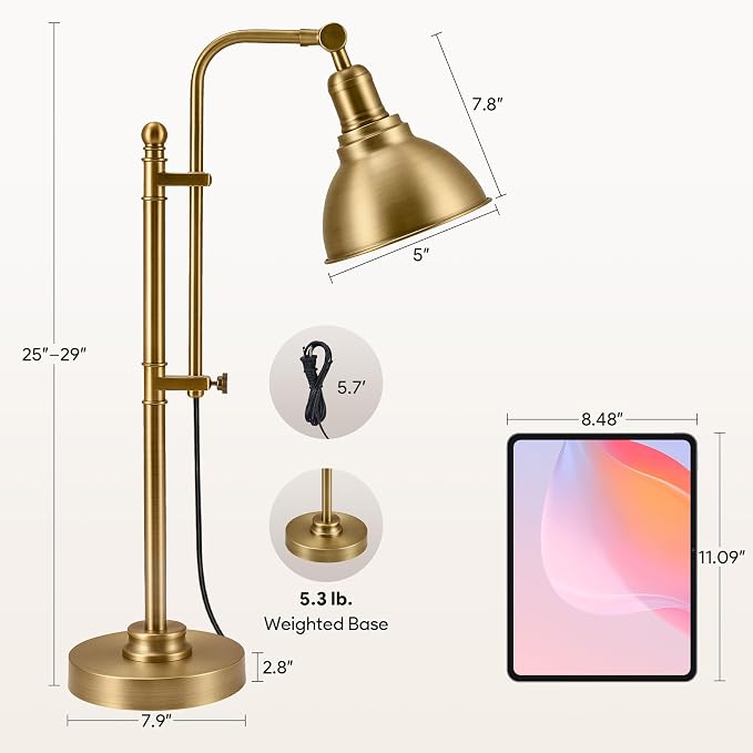 VONLUCE Rustic Desk Lamp Brass Adjustable, Industrial Style Metal Task Lamps - Image 5