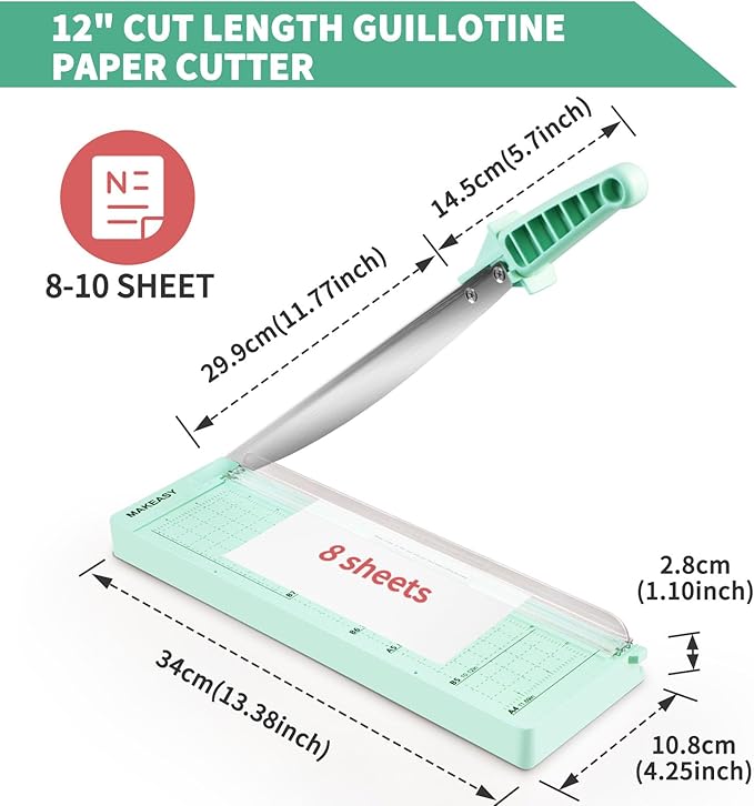 MAKEASY Paper Cutter 12 Inch, Guillotine Paper Cutter with 8 Sheet Capacity, Heavy Duty Paper Cutter for Cardstock, Paper Trimmer for Crafting, Classroom and Office, Green-DeskLoop Office