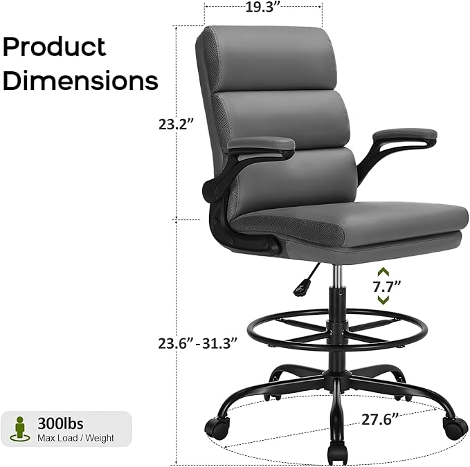 Drafting Chair Tall Office Chair with Padded Flip-up Armrests Executive Ergonomic Computer Standing Desk Chair with Comfortable Leather Backrest and Adjustable Footrest Ring (Gray)-DeskLoop Office