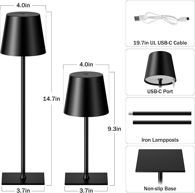 Kakanuo Black Cordless Rechargeable Table Lamp, 4 Pack Portable Desk Lamp - Image 5