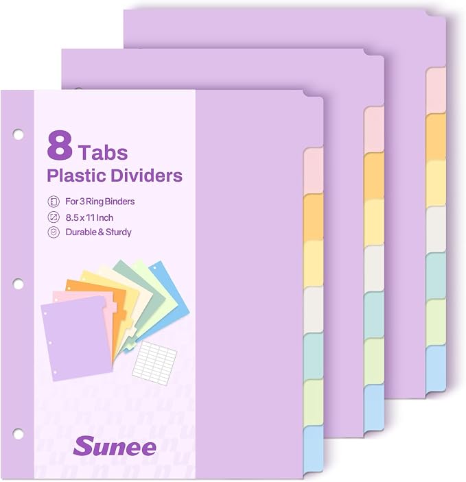 SUNEE 8 Tab Binder Dividers, Plastic Dividers by SUNEE