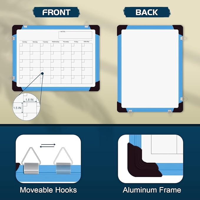 Dry Erase Calendar Whiteboard, Magnetic White Board Calendar Dry Erase Board, 16" X 12" Monthly Calendar Board Small Wall Hanging Planner Memo Whiteboard for Home, School, Office, Kitchen (Blue)-DeskLoop Office