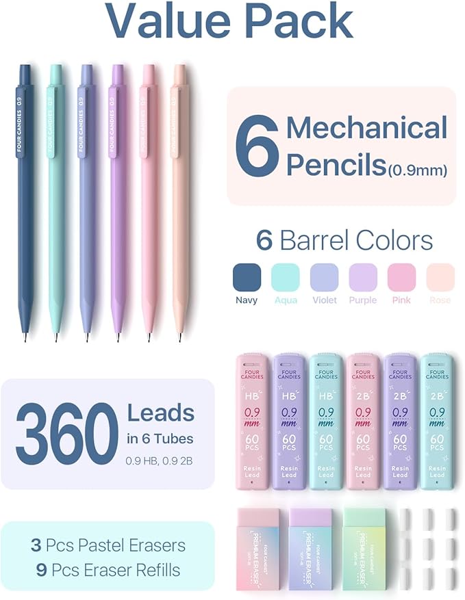 Four Candies Cute Mechanical Pencil Set, 0.9mm Bold Point, 6-Count Pack | 360 - Image 6