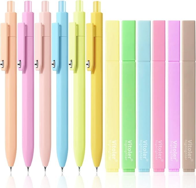 Piochoo Highlighters and Black Pens Set, 6 Pack 0.5mm Cute Gel Pens by Piochoo