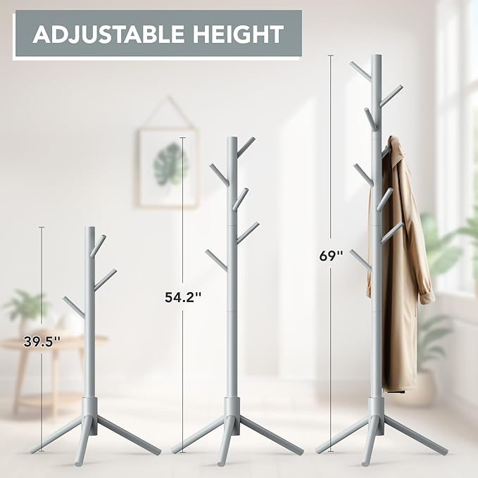 Wooden Tree Coat Rack Stand,Sturdy Freestanding Coat Rack with 8 Hooks,3 Adjustable Height for Child Adult,Wood Coat Stand Tree Fits Entryway Bedroom Office for Bags,Hats-DeskLoop Office
