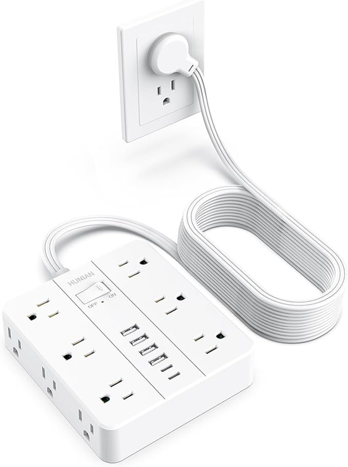 Flat Plug Power Strip Surge Protector, Flat Extension Cord Indoor 20 Feet， HUNIAN 12 Widely Spaced Outlets with 6 USB (2 USB C Ports), Desk Charging Station for Home Office Supplies, White-DeskLoop Office