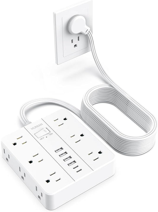 Flat Plug Power Strip Surge Protector, Flat Extension Cord Indoor 20 Feet， HUNIAN 12 Widely Spaced Outlets with 6 USB (2 USB C Ports), Desk Charging Station for Home Office Supplies, White-DeskLoop Office