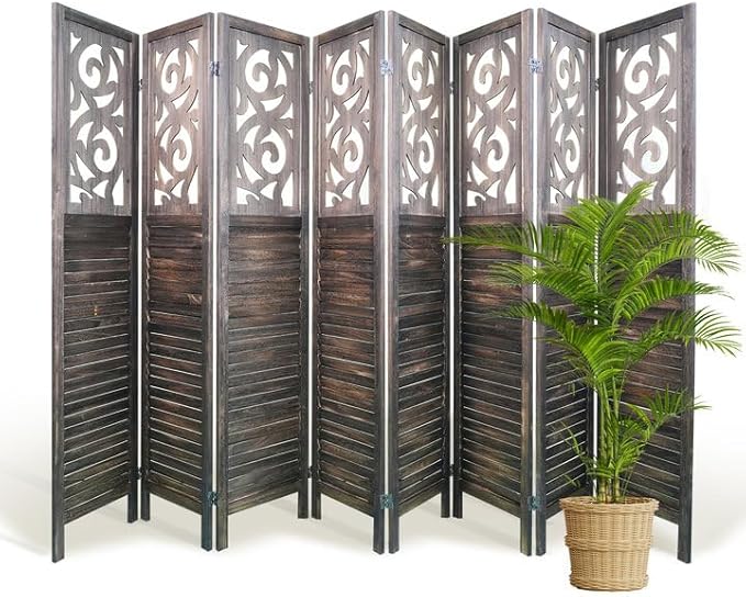 Room Divider, 5.6FT Folding Room Divider Panel, 8 Panel Craved Wood Partition Wall Divider for Room Separation, Rustic Brown-DeskLoop Office