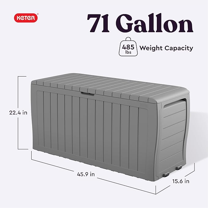 Keter Marvel Plus 71 Gallon Resin Deck Box-Organization and Storage for Patio Furniture Outdoor Cushions, Throw Pillows, Garden Tools and Pool Floats, Light Grey-DeskLoop Office