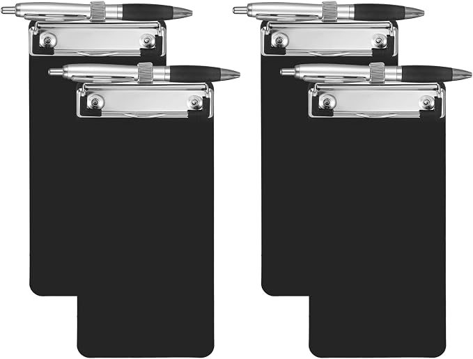 4 Pack Small Clipboards with Pen Holder 4X 8.66inch, Plastic Receipt Size Black by YONHTUTU