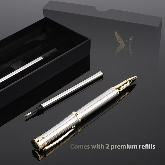 cheericome Luxury Ballpoint Pen - Professional Pen, Executive Pen, Journal Pen, Perfect for Silky Smooth Writing, with Gift Box, Nice Pen for Men and Women, 2 Extra 0.5mm Black Refills - Silver-DeskLoop Office