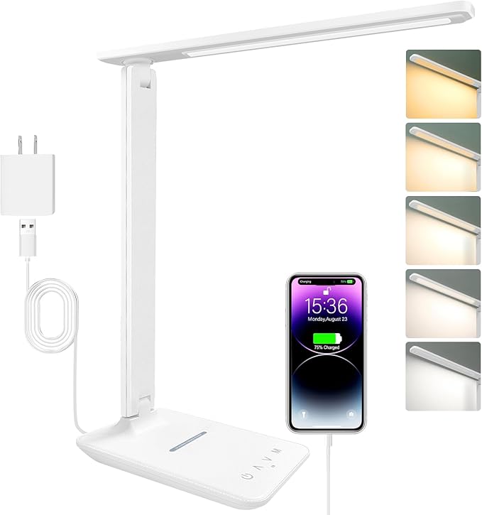 White crown LED Desk Lamp with 15W Wireless Charger & USB Port, Dimmable Table by WhiteCrown