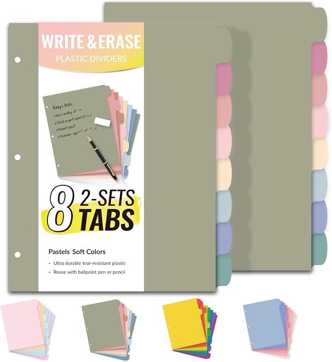 Sooez 8 Tabs Long-Lasting Plastic Write & Erase Large Tabs Dividers by Sooez