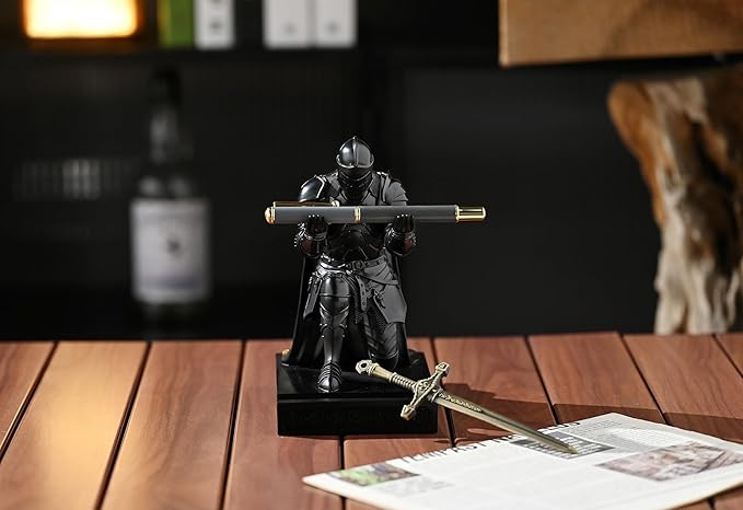 Medieval Armored Warrior Wearing Outerwear, Mobile Phone Stand Knight Pen Holder Desk Organizers, Resin Bookends Paperweight with a Letter Opener for Desk (Black)-DeskLoop Office