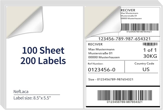 8.5 x 5.5 Half Sheet Shipping Labels for Laser and Inkjet Printers, 2 Per Page Self Adhesive Mailing Labels, White Blank Labels [100 Sheet 200 Labels]-DeskLoop Office