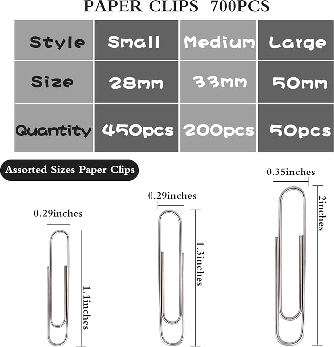 Wakawaga 700pcs Paper Clips Assorted Sizes Large | Assorted 3 Sizes Sturdy - Image 2