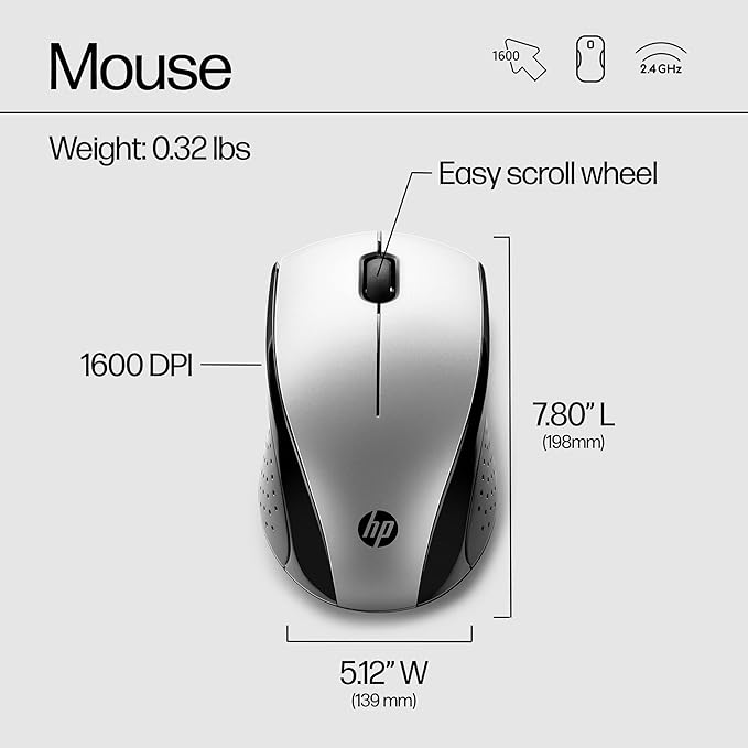 HP X3000 G3 Wireless Mouse Silver, up to 15-Month Battery,Scroll Wheel, Side Grips for Control, Travel-Friendly, Blue LED, Powerful 1600 DPI Optical Sensor, Win XP,8, 11 Compatible (683N9AA#ABL)-DeskLoop Office