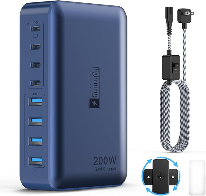 8-Port iPhone Charger Fast Charging 200W with Flat Plug, Braided Power Cord, and On/Off Switch- USB Charging Hub for iPhone, iPad, MacBook and More- 65W C Port Power Adapter for Laptops-DeskLoop Office