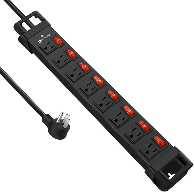 Heavy Duty Power Strip with Individual Switches,8 Outlets 14 Gauge Industrial Shop Garage Metal Multiple Outlets,1200J Surge Protector Mountable Power Strip,6FT Extension Cord Management(Black)-DeskLoop Office